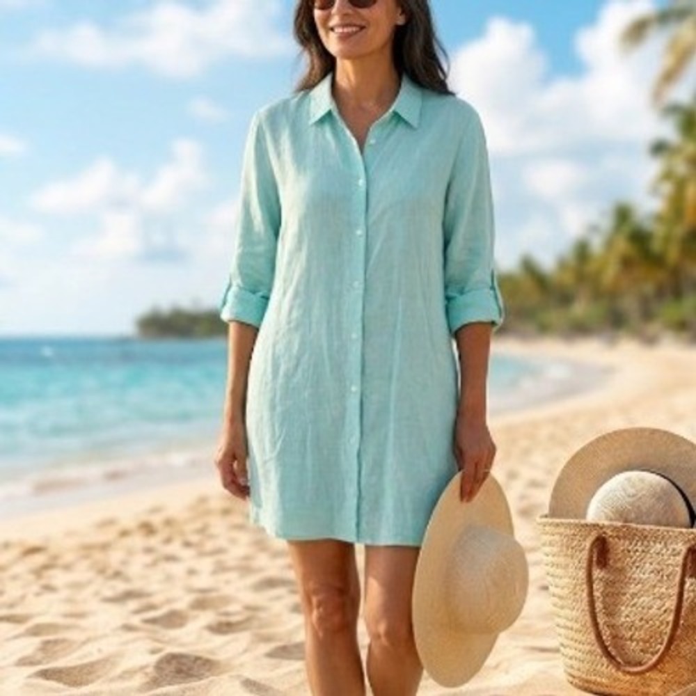J Jill Love Linen Blue Button Down Shirt Tunic XL Long Sleeve Coastal Minimalist